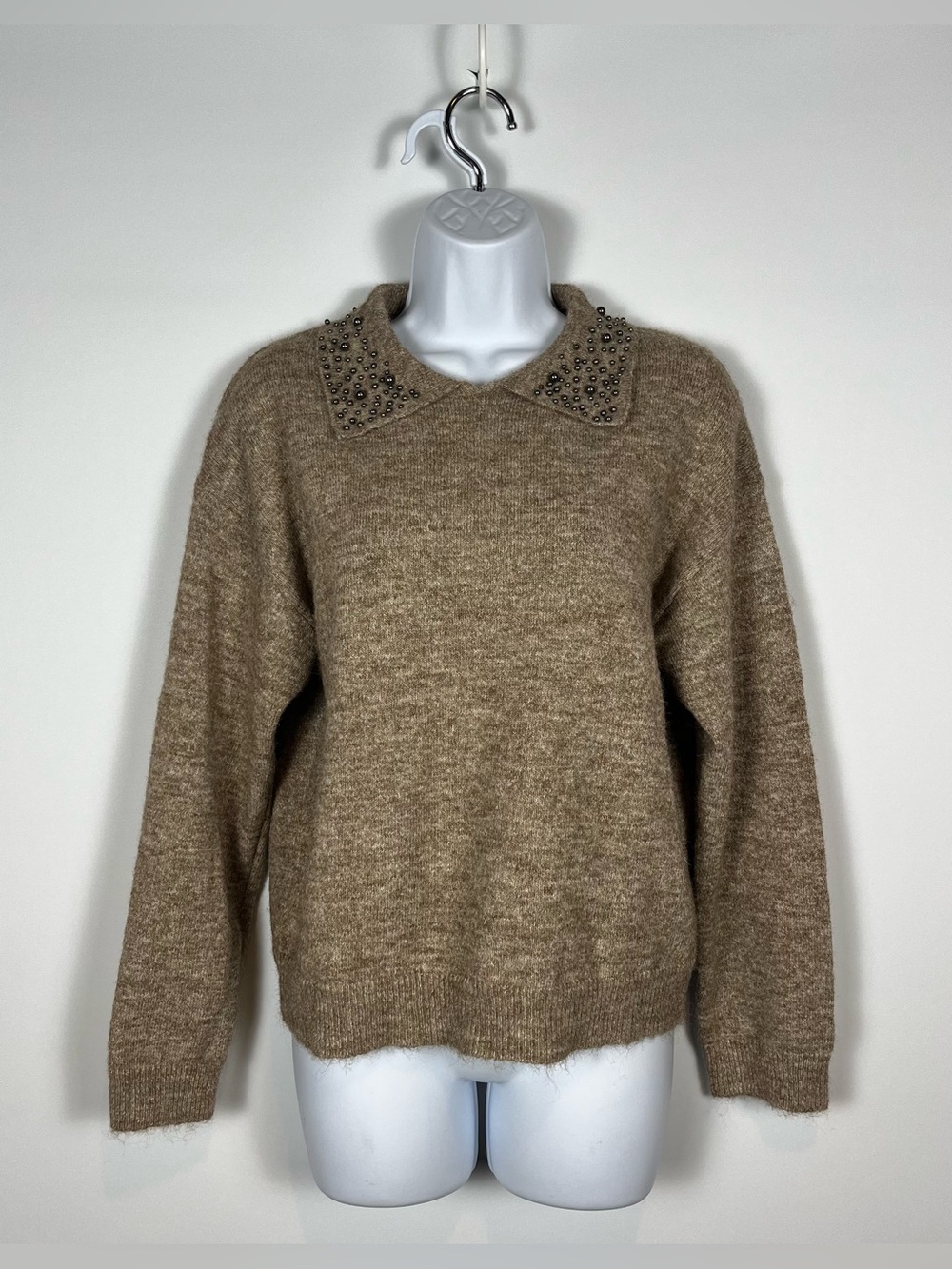 MAGASCHONI Wool Blend Taupe Heather Stud Bead Collar Sweater Size Medium NWT
